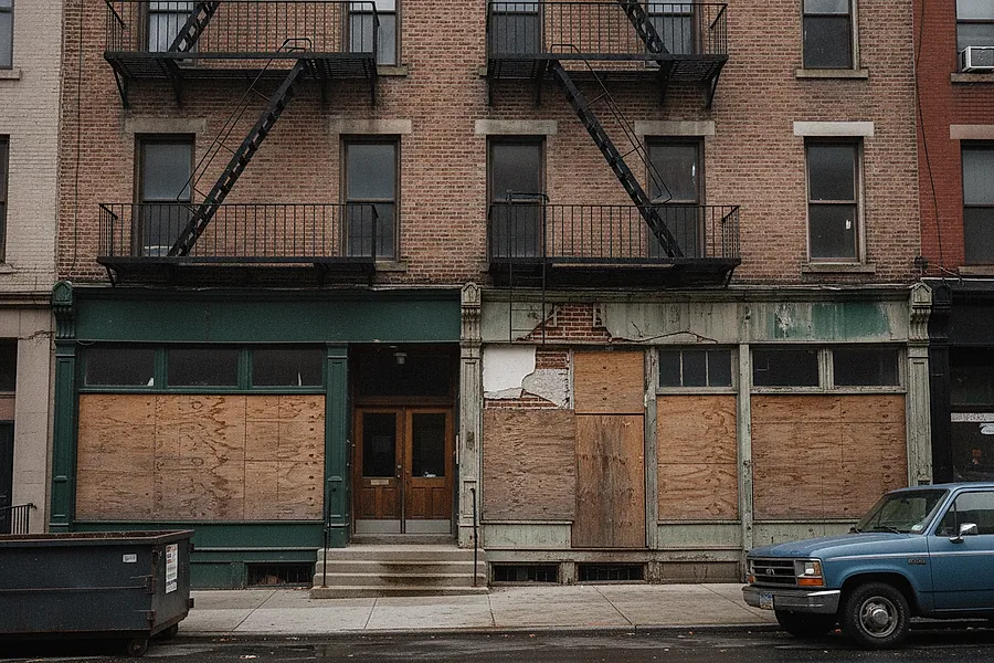 A prewar Brooklyn walk-up apartment building in red brick with fire escapes on the facade