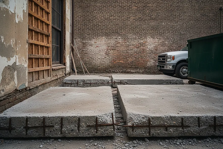A broken concrete rear yard slab with reinforcing bar showing at the cut edge