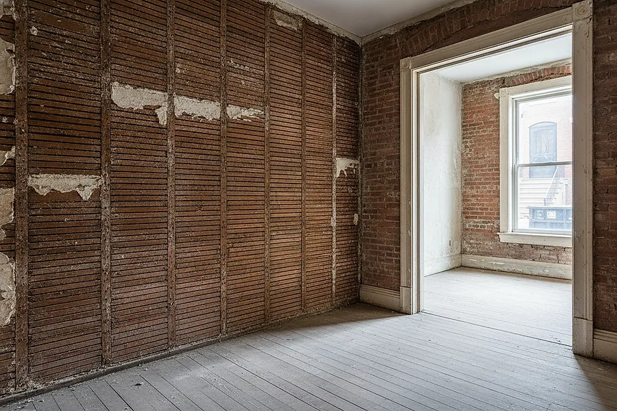 A stripped row house room with lath exposed across one wall and the floor swept clear